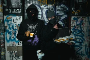 Two masked individuals holding cash, - Credits: pexels